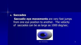 4. Saccades
Saccadic eye movements are very fast jumps
from one eye position to another. The velocity
of saccades can be as large as 1000 deg/sec.
Optom. Ankit Varshney 36
 