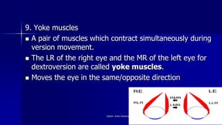 9. Yoke muscles
 A pair of muscles which contract simultaneously during
version movement.
 The LR of the right eye and the MR of the left eye for
dextroversion are called yoke muscles.
 Moves the eye in the same/opposite direction
Optom. Ankit Varshney 41
 