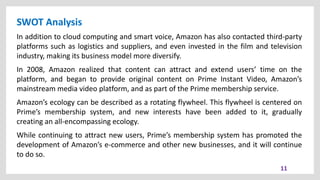 SWOT Analysis
11
In addition to cloud computing and smart voice, Amazon has also contacted third-party
platforms such as logistics and suppliers, and even invested in the film and television
industry, making its business model more diversify.
In 2008, Amazon realized that content can attract and extend users’ time on the
platform, and began to provide original content on Prime Instant Video, Amazon’s
mainstream media video platform, and as part of the Prime membership service.
Amazon’s ecology can be described as a rotating flywheel. This flywheel is centered on
Prime’s membership system, and new interests have been added to it, gradually
creating an all-encompassing ecology.
While continuing to attract new users, Prime’s membership system has promoted the
development of Amazon’s e-commerce and other new businesses, and it will continue
to do so.
 