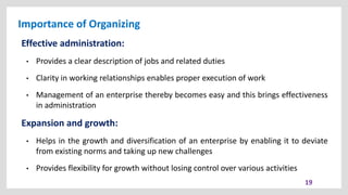 Importance of Organizing
19
Effective administration:
• Provides a clear description of jobs and related duties
• Clarity in working relationships enables proper execution of work
• Management of an enterprise thereby becomes easy and this brings effectiveness
in administration
Expansion and growth:
• Helps in the growth and diversification of an enterprise by enabling it to deviate
from existing norms and taking up new challenges
• Provides flexibility for growth without losing control over various activities
 