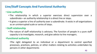 Line/Staff Concepts And Functional Authority
43
• Line authority
• The relationship in which a superior exercises direct supervision over a
subordinate—an authority relationship in a direct line or steps.
• It gives a superior a line of authority over a subordinate. It exists in all organizations
as an uninterrupted scale or series of steps.
• Staff relationship
• The nature of staff relationship is advisory. The function of people in a pure staff
capacity is to investigate, research, and give advice to line managers.
•Functional authority
•The right delegated to an individual or a department to control specified
processes, practices, policies, or other matters relating to activities undertaken by
persons in other departments
 