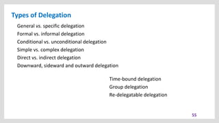 Types of Delegation
55
General vs. specific delegation
Formal vs. informal delegation
Conditional vs. unconditional delegation
Simple vs. complex delegation
Direct vs. indirect delegation
Downward, sideward and outward delegation
Time-bound delegation
Group delegation
Re-delegatable delegation
 
