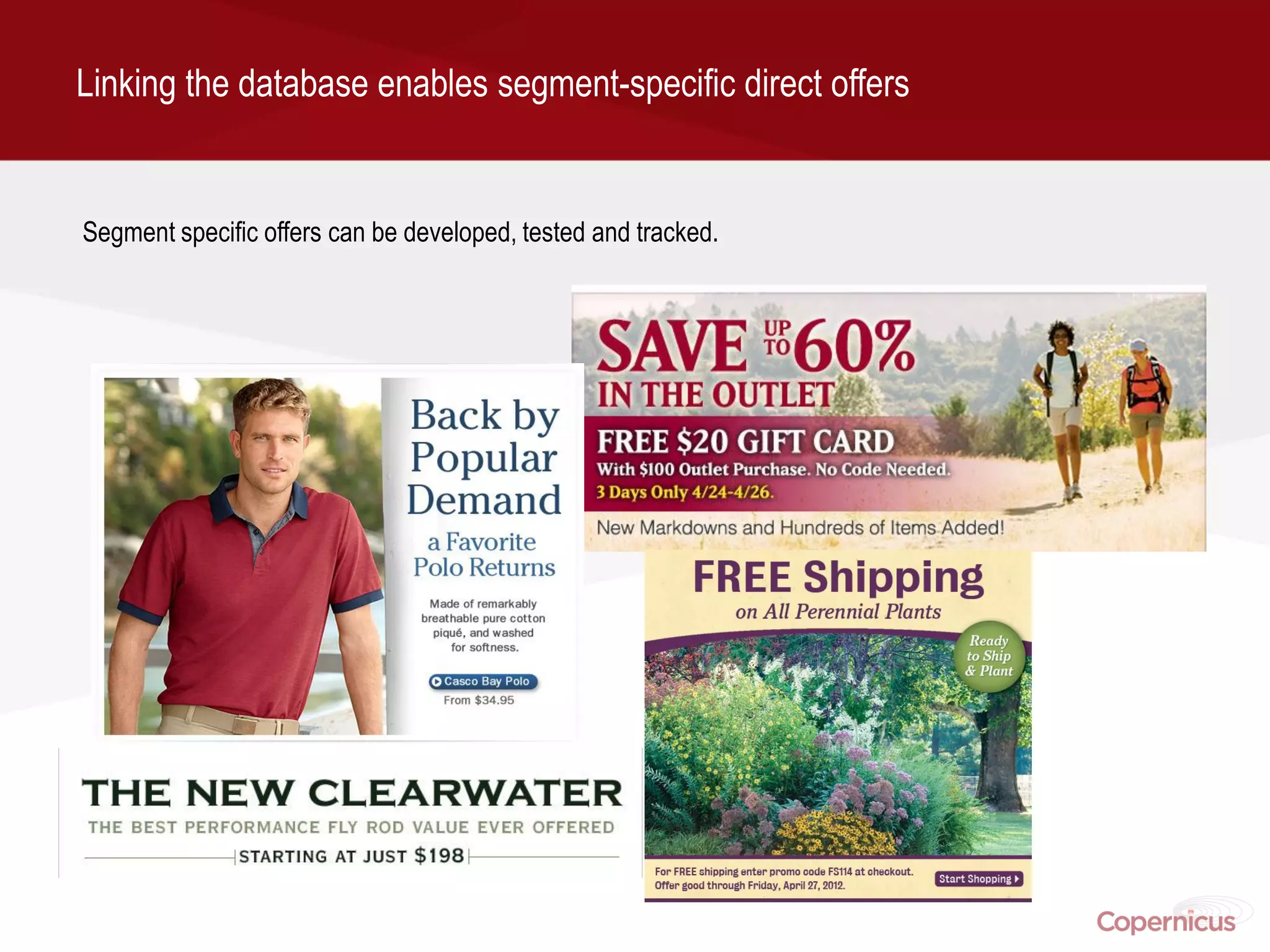 Linking the database enables segment-specific direct offers


Segment specific offers can be developed, tested and tracked.
 