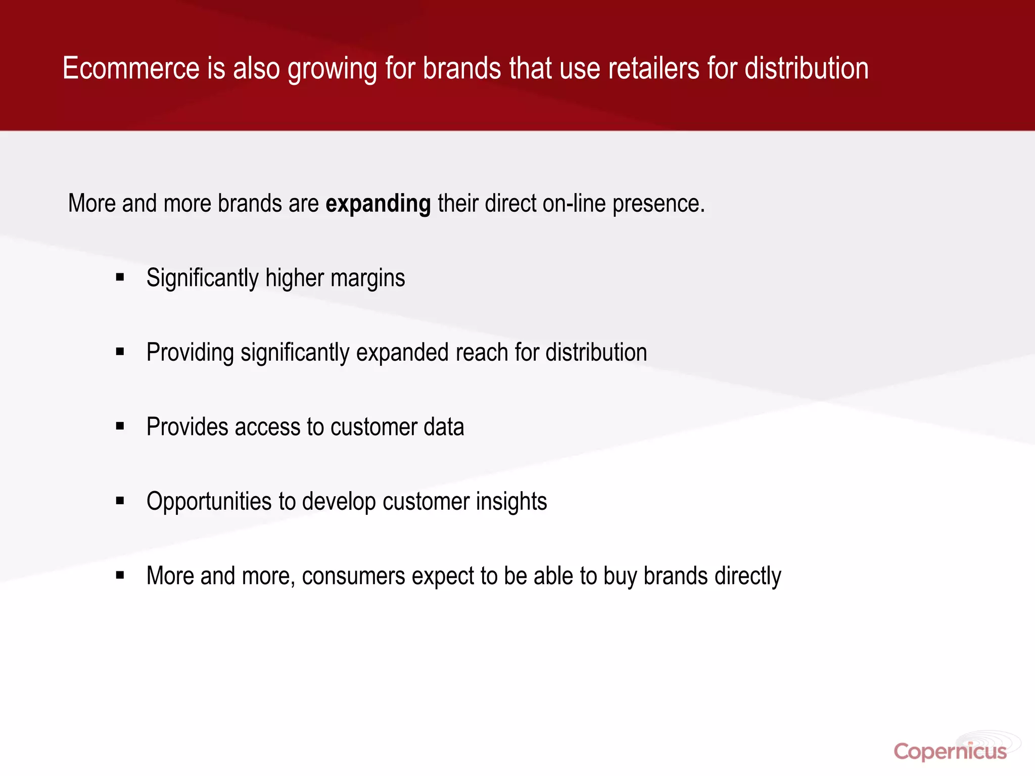 Ecommerce is also growing for brands that use retailers for distribution



More and more brands are expanding their direct on-line presence.

     Significantly higher margins

     Providing significantly expanded reach for distribution

     Provides access to customer data

     Opportunities to develop customer insights

     More and more, consumers expect to be able to buy brands directly
 
