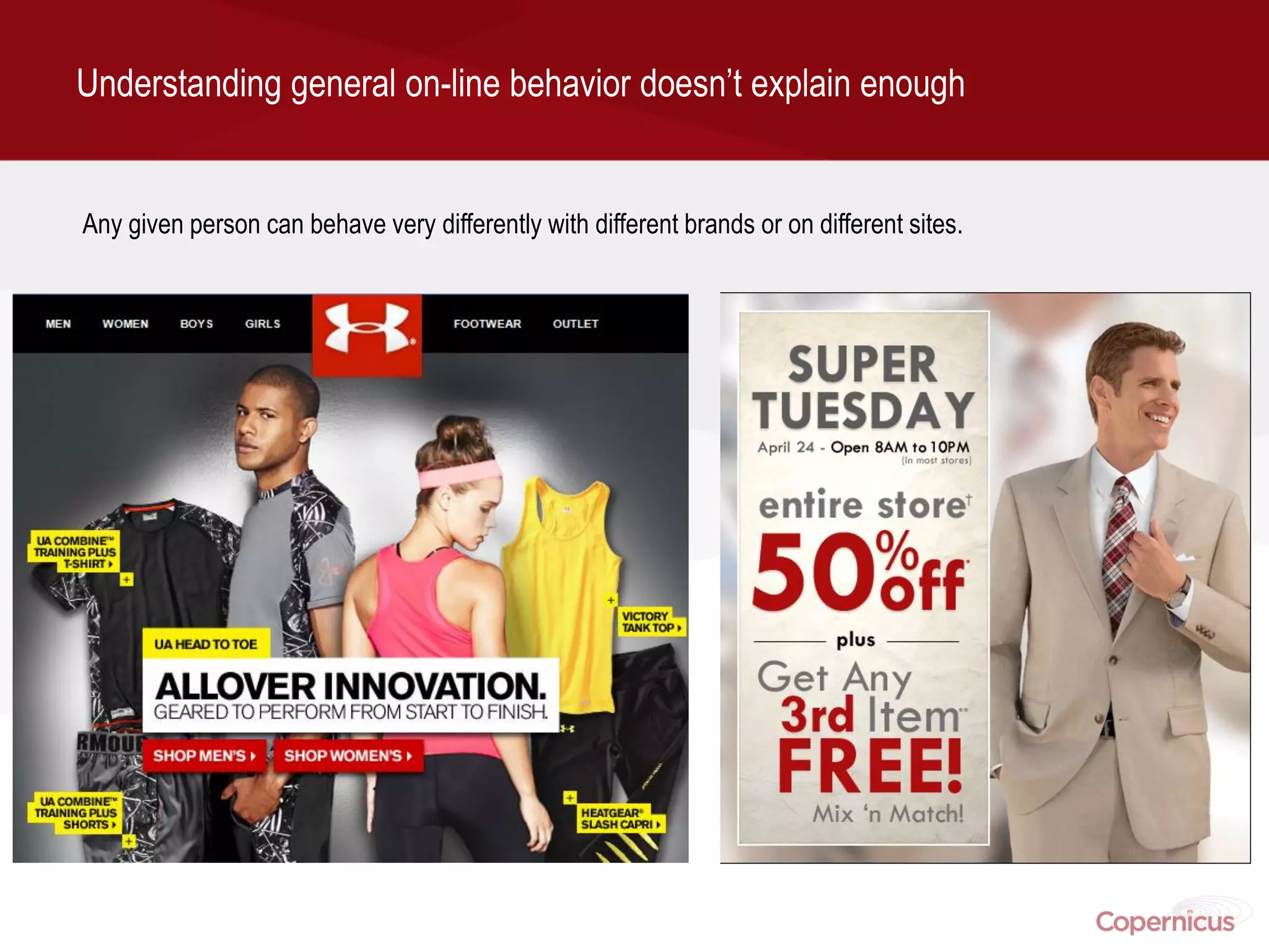 Understanding general on-line behavior doesn’t explain enough


Any given person can behave very differently with different brands or on different sites.
 