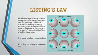 LISTING’S LAW
• All achieved eye orientations can
be reached by starting from one
specific "primary" reference
orientation and then rotating
about an axis that lies within the
plane orthogonal to the primary
orientation's gaze direction (line
of sight / visual axis).
• This plane is called Listing's plane.
• According to Listing cycloversion
is 0.
 