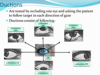 Ductions
 Are tested by occluding one eye and asking the patient
to follow target in each direction of gaze
 Ductions consist of following-
1.adduction-MR
4.depression-
2.abduction-LR
6.Extorsion
(IO)
3.Elevation
(SR) 5.Intorsion
(SO)
OD
 