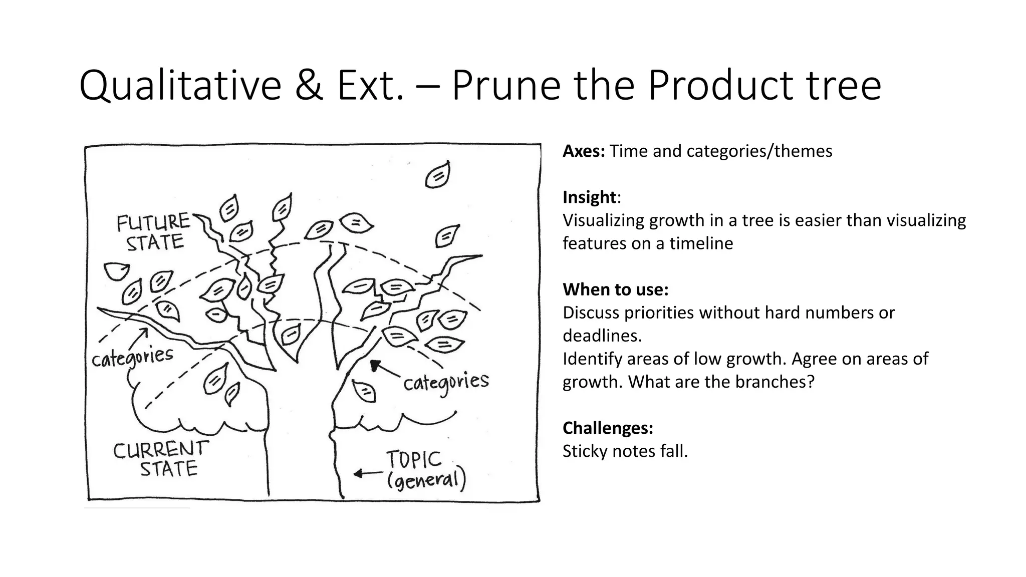 Qualitative & Ext. – Prune the Product tree
Axes: Time and categories/themes
Insight:
Visualizing growth in a tree is easier than visualizing
features on a timeline
When to use:
Discuss priorities without hard numbers or
deadlines.
Identify areas of low growth. Agree on areas of
growth. What are the branches?
Challenges:
Sticky notes fall.
 