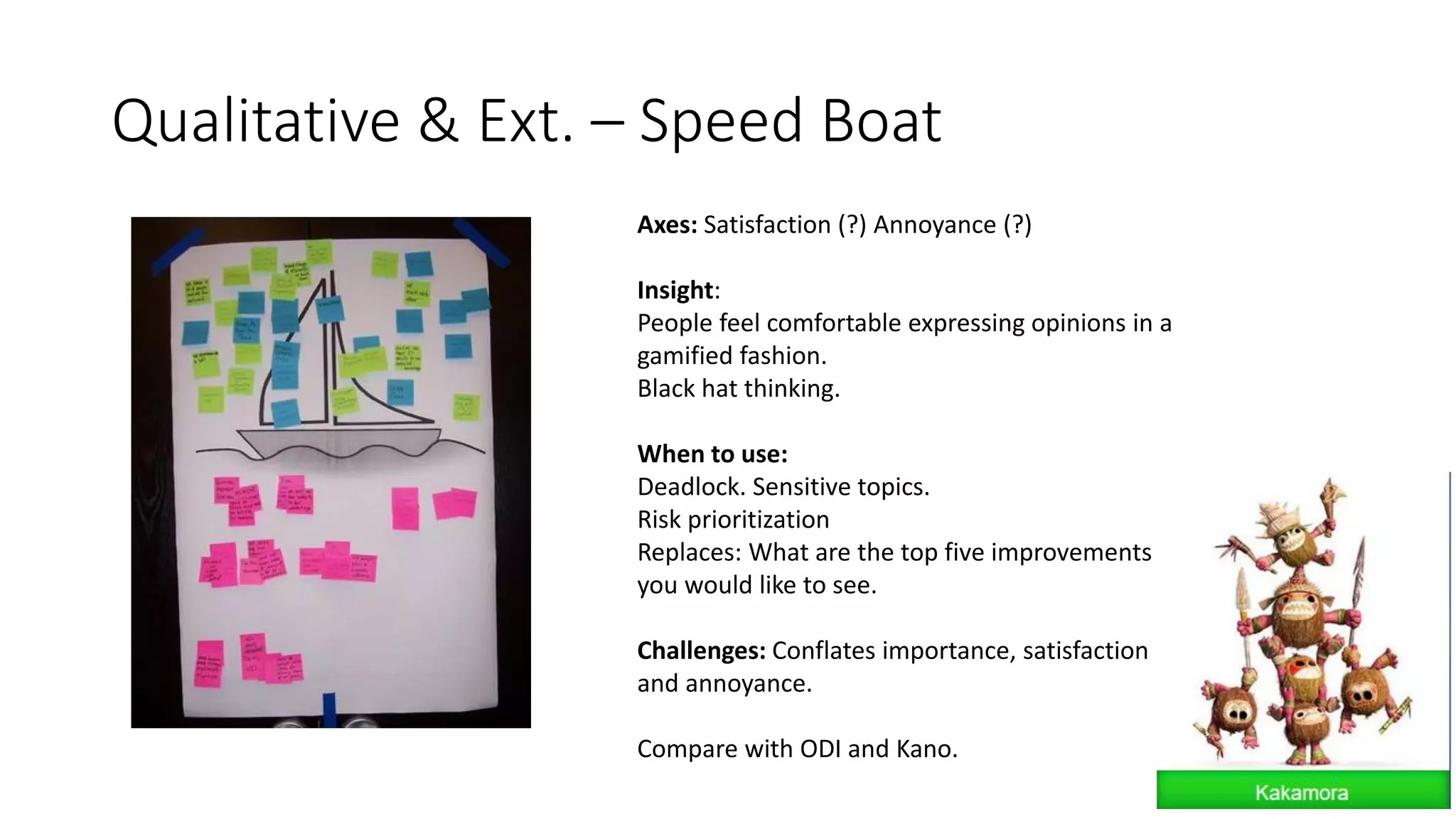 Qualitative & Ext. – Speed Boat
Axes: Satisfaction (?) Annoyance (?)
Insight:
People feel comfortable expressing opinions in a
gamified fashion.
Black hat thinking.
When to use:
Deadlock. Sensitive topics.
Risk prioritization
Replaces: What are the top five improvements
you would like to see.
Challenges: Conflates importance, satisfaction
and annoyance.
Compare with ODI and Kano.
 