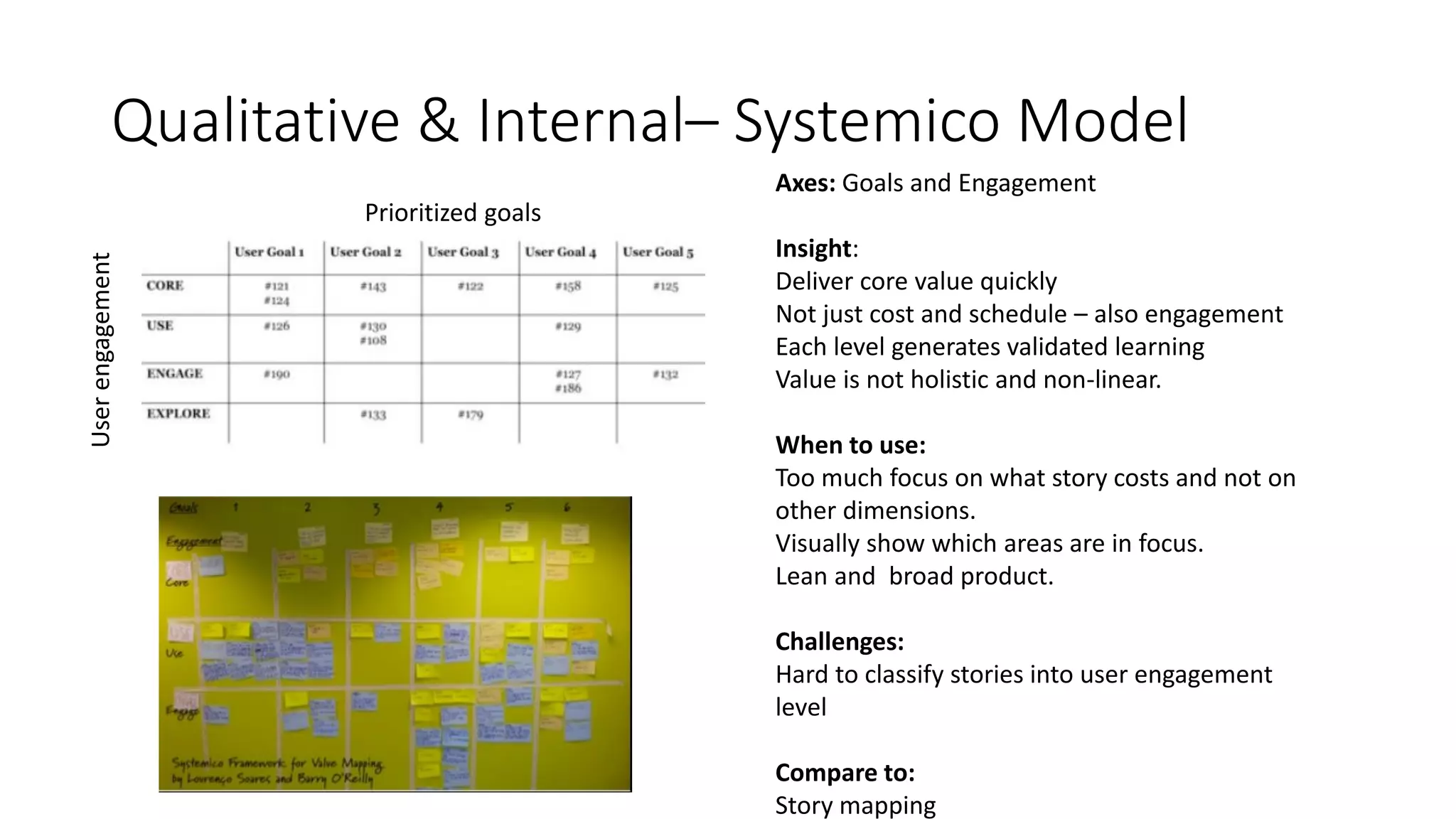 Qualitative & Internal– Systemico Model
Prioritized goals
Userengagement
Axes: Goals and Engagement
Insight:
Deliver core value quickly
Not just cost and schedule – also engagement
Each level generates validated learning
Value is not holistic and non-linear.
When to use:
Too much focus on what story costs and not on
other dimensions.
Visually show which areas are in focus.
Lean and broad product.
Challenges:
Hard to classify stories into user engagement
level
Compare to:
Story mapping
 