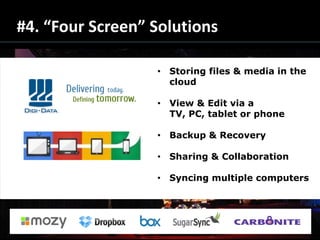 #4. “Four Screen” Solutions

                  • Storing files & media in the
                    cloud

                  • View & Edit via a
                    TV, PC, tablet or phone

                  • Backup & Recovery

                  • Sharing & Collaboration

                  • Syncing multiple computers
 