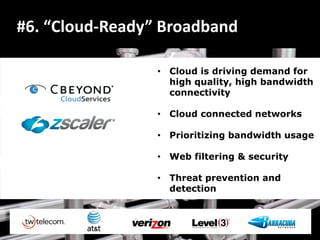 #6. “Cloud-Ready” Broadband

                 • Cloud is driving demand for
                   high quality, high bandwidth
                   connectivity

                 • Cloud connected networks

                 • Prioritizing bandwidth usage

                 • Web filtering & security

                 • Threat prevention and
                   detection
 