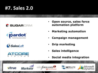 #7. Sales 2.0

                • Open source, sales force
                  automation platform

                • Marketing automation

                • Campaign management

                • Drip marketing

                • Sales intelligence

                • Social media integration
 