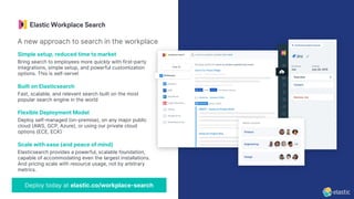 Deploy today at elastic.co/workplace-search
A new approach to search in the workplace
Simple setup, reduced time to market
Bring search to employees more quickly with first-party
integrations, simple setup, and powerful customization
options. This is self-serve!
Built on Elasticsearch
Fast, scalable, and relevant search built on the most
popular search engine in the world
Flexible Deployment Model
Deploy self-managed (on-premise), on any major public
cloud (AWS, GCP, Azure), or using our private cloud
options (ECE, ECK
Scale with ease (and peace of mind)
Elasticsearch provides a powerful, scalable foundation,
capable of accommodating even the largest installations.
And pricing scale with resource usage, not by arbitrary
metrics.
 