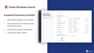 • Bias towards depth over breadth
• Ever-evolving list of cloud-based
productivity tools
• Constant drumbeat of releases
• The Elastic Web Crawler
Expanded Connector portfolio
 