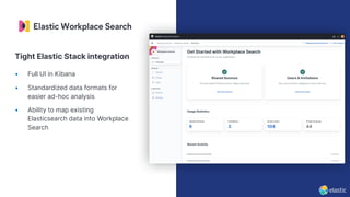 • Full UI in Kibana
• Standardized data formats for
easier ad-hoc analysis
• Ability to map existing
Elasticsearch data into Workplace
Search
Tight Elastic Stack integration
 