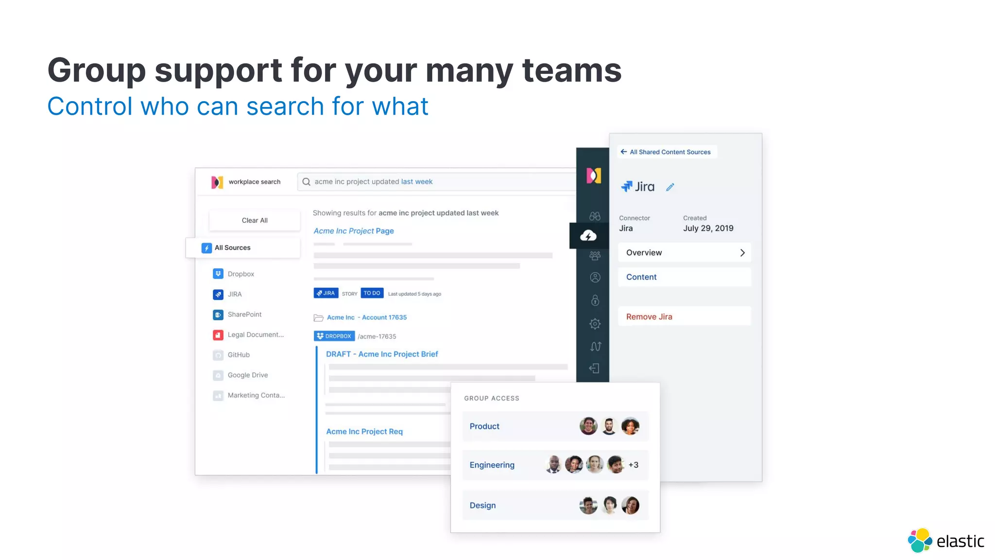 Group support for your many teams
Control who can search for what
 