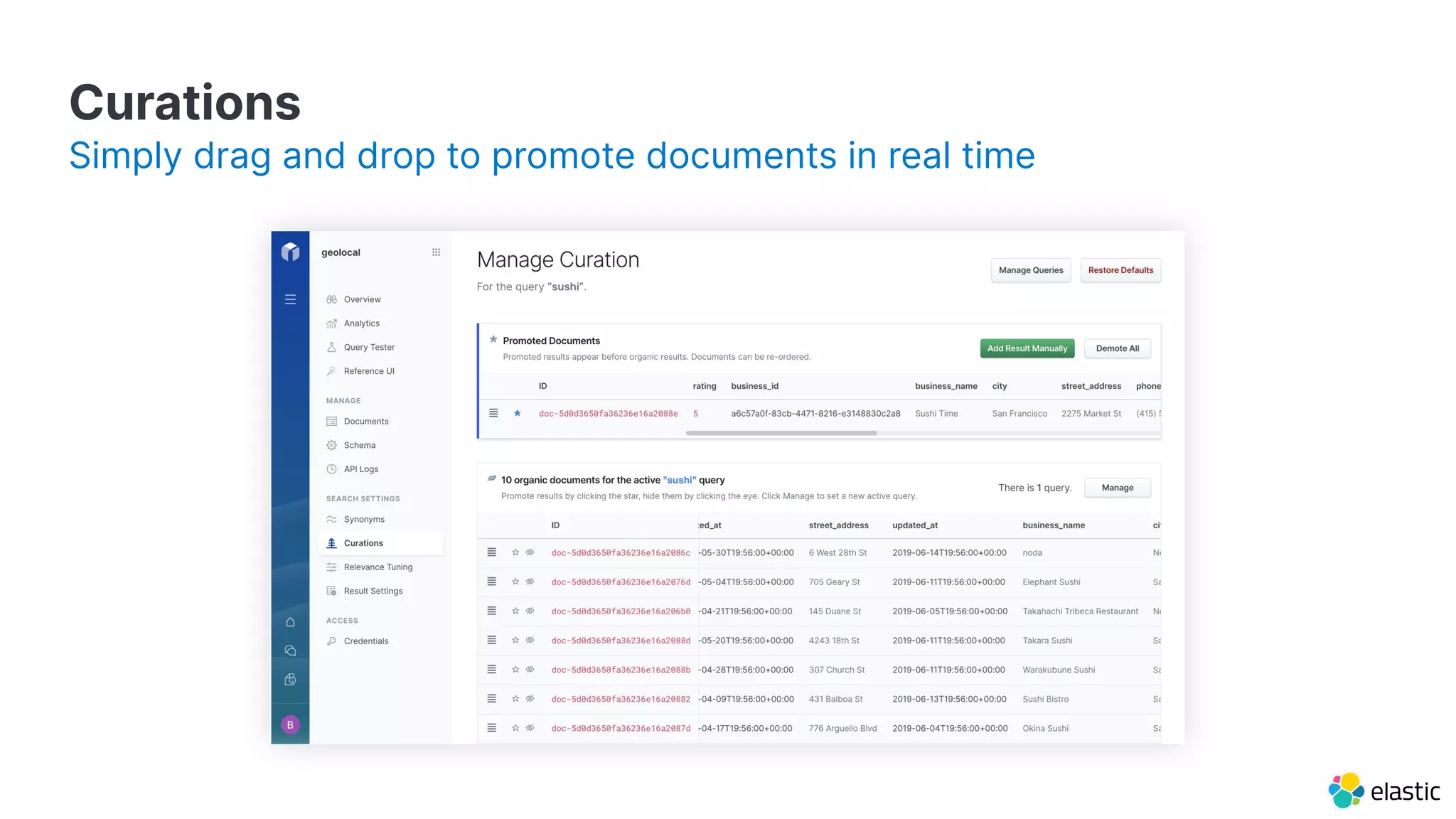 Curations
Simply drag and drop to promote documents in real time
 