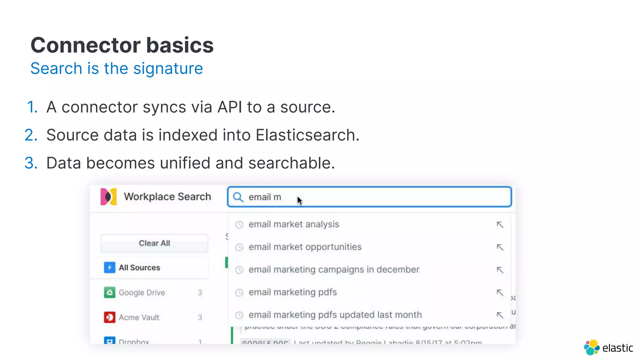 Connector basics
1. A connector syncs via API to a source.
2. Source data is indexed into Elasticsearch.
3. Data becomes unified and searchable.
Search is the signature
 