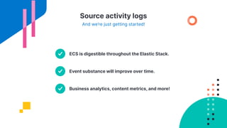Source activity logs
And we’re just getting started!
Business analytics, content metrics, and more!
ECS is digestible throughout the Elastic Stack.
Event substance will improve over time.
 