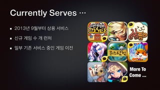 Currently Serves …
2013년 9월부터 상용 서비스
신규 게임 수 개 런처
일부 기존 서비스 중인 게임 이전
 