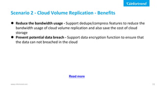 www.infortrend.com
 Reduce the bandwidth usage - Support dedupe/compress features to reduce the
bandwidth usage of cloud volume replication and also save the cost of cloud
storage
 Prevent potential data breach - Support data encryption function to ensure that
the data can not breached in the cloud
Scenario 2 - Cloud Volume Replication - Benefits
11
Read more
 