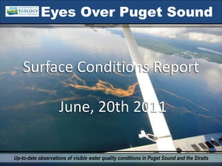 Eyes Over Puget Sound



    Surface Conditions Report

                    June, 20th 2011

Up-to-date observations of visible water quality conditions in Puget Sound and the Straits
 