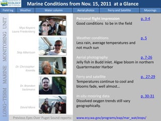 LONG-TERM
MARINE
MONITORING
UNIT
Personal flight impression p. 3-4
Good conditions to be in the field
Weather conditions p. 5
Less rain, average temperatures and
not much sun
Aerial photography p. 7-26
Jelly fish in Budd Inlet. Algae bloom in northern
Quartermaster Harbor
Ferry and satellite p. 27-29
Temperatures continue to cool and
blooms fade, well almost…
In-situ mooring data p. 30-31
Dissolved oxygen trends still vary
geographically.
Mya Keyzers
Laura Friedenberg
Skip Albertson
Dr. Christopher
Krembs
Dr. Brandon
Sackmann
David Mora
www.ecy.wa.gov/programs/eap/mar_wat/eops/
Previous Eyes Over Puget Sound reports:
Marine Conditions from Nov. 15, 2011 at a Glance
Field log Weather Water column Aerial photos Ferry and Satellite Moorings
 