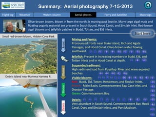 Summary: Aerial photography 7-15-2013
Olive-brown bloom, blown in from the north, is moving past Seattle. Many large algal mats and
floating organic material are present in South Sound, Hood Canal, and Sinclair Inlet. Red-brown
algal blooms and jellyfish patches in Budd, Totten, and Eld Inlets.
Flight log Weather Water column Aerial photos Ferry and Satellite Moorings
Start here
Mixing and Fronts:
Pronounced fronts near Blake Island, Rich and Agate
Passages, and Hood Canal. Olive-brown water flowing
southward.
Debris:
Very abundant in South Sound, Commencement Bay, Hood
Canal, Dyes and Sinclair Inlets, and Port Madison.
Visible blooms:
Red: Budd, Eld, Totten, Henderson, and Sinclair Inlets.
Brown: Main Basin, Commencement Bay, Case Inlet, and
Drayton Passage.
Green: Commencement Bay.
Jellyfish: Present in increasing numbers in Budd, Eld, and
Totten Inlets and in Hood Canal at depth.
BloomDebrisFront
Suspended sediment:
High sediment load from Puyallup River and wave exposed
beaches.
Plume
10 13 14 15
16
18
19
20
1 2 5 7
8 9Debris island near Hamma Hamma R.
Small red-brown bloom, Hidden Cove Park
11 12
14 15 16
17
8 9 11
5 9 10 11 12 13 14 15 16 17
11 12 13 14 17
1 2 6 7
2 11 20
18
20
3 4
 