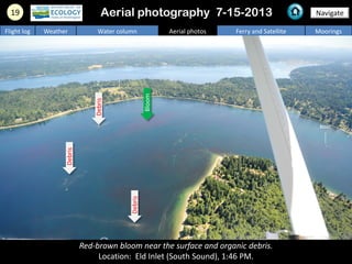 19 Navigate
Flight log Weather Water column Aerial photos Ferry and Satellite Moorings
Red-brown bloom near the surface and organic debris.
Location: Eld Inlet (South Sound), 1:46 PM.
Aerial photography 7-15-2013
Bloom
boat
Debris
Debris
Debris
 