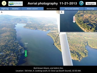 B.A.
2 NavigateAerial photography 11-21-2013
Flight log Weather Water column Aerial photos Ferry and Satellite Moorings
Red-brown bloom, and debris line.
Location: Eld Inlet, A. Looking south, B. Close up (South Sound), 10:30 AM.
Debris
Bloom
boat
 
