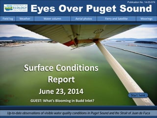Eyes Over Puget Sound
Up-to-date observations of visible water quality conditions in Puget Sound and the Strait of Juan de Fuca
Field log Weather Water column Aerial photos Ferry and Satellite Moorings
Publication No. 14-03-074
Surface Conditions
Report
Start here
June 23, 2014
GUEST: What’s Blooming in Budd Inlet?
 