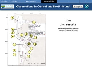 Numbers on map refer to picture
numbers for spatial reference
Date: 1-28-2015
Coast
Aerial photography observations in Central SoundObservations in Central and North Sound Navigate
Fieldlog Climate Water column Aerial photos - -
9
4
3
8
13
14
15
16
2
17
18
5
6
10
7
11
12
 