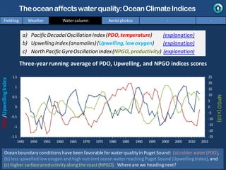 a) PacificDecadalOscillationIndex(PDO,temperature) (explanation)
b) UpwellingIndex(anomalies)(Upwelling,lowoxygen) (explanation)
c) NorthPacificGyreOscillationIndex(NPGO,productivity) (explanation)
NPGO(x10)
PDO/UpwellingIndex
Three-year running average of PDO, Upwelling, and NPGO indices scores
Fieldlog Weather Water column Aerial photos - -
Theoceanaffectswaterquality:OceanClimateIndices
-25
-20
-15
-10
-5
0
5
10
15
20
25
-1.5
-1
-0.5
0
0.5
1
1.5
1945 1950 1955 1960 1965 1970 1975 1980 1985 1990 1995 2000 2005 2010 2015
Ocean boundaryconditions have been favorable for water qualityin Puget Sound: (a)colder water (PDO),
(b)less upwelled lowoxygen and high nutrient ocean water reachingPuget Sound (UpwellingIndex),and
(c) higher surface productivityalongthe coast (NPGO). Where are we headingnext?.
 