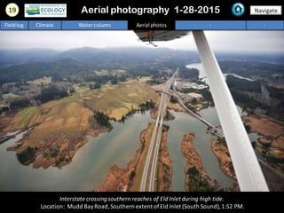 19 Navigate
Fieldlog Climate Water column Aerial photos - -
Interstate crossingsouthern reaches of Eld Inlet during high tide.
Location: Mudd BayRoad,Southern extent ofEld Inlet (South Sound),1:52 PM.
Aerial photography 1-28-2015
 