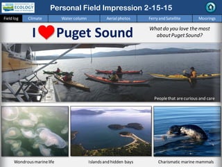 I Puget Sound
Charismatic marine mammals
SunriseOver the Water
Islandsand hidden baysWondrousmarinelife
Whatdo you love the most
aboutPugetSound?
Peoplethat arecurious and care
Personal Field Impression
Fieldlog Weather Water column Aerial photos Ferry andSatellite Moorings
Personal Field Impression
Fieldlog Climate Water column Aerial photos Ferry andSatellite Moorings
 
