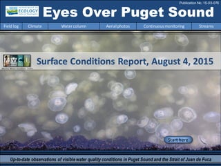 Surface Conditions Report, August 4, 2015Marine Water Condition Index
Start here
Up-to-date observations of visiblewater quality conditions in Puget Sound and the Strait of Juan de Fuca
Eyes Over Puget Sound
Field log Climate Watercolumn Aerial photos Continuous monitoring Streams
Publication No. 15-03-076
 