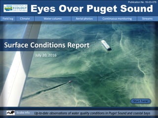 Eyes Over Puget Sound
Field log Climate Water column Aerial photos Continuous monitoring Streams
Publication No. 16-03-075
Up-to-date observations of water quality conditions in Puget Sound and coastal bays
Start here
Scuba info
Surface Conditions Report
July 20,2016
 