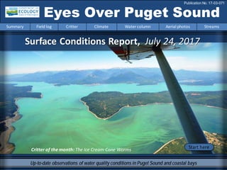 Surface Conditions Report, July 24, 2017
Eyes Over Puget Sound
Publication No. 17-03-071
Up-to-date observations of water quality conditions in Puget Sound and coastal bays
Start hereCritter of the month: The Ice Cream Cone Worms
Summary Field log Critter Climate Water column Aerial photos Streams
 