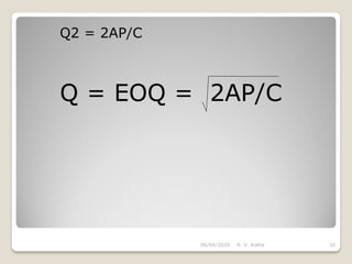 Q2 = 2AP/C
Q = EOQ = 2AP/C
06/04/2020 R. V. Kolhe 20
 