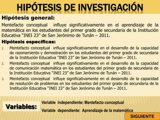 HIPÓTESIS DE INVESTIGACIÓN
Hipótesis general:
Mentefacto conceptual influye significativamente en el aprendizaje de la
matemática en los estudiantes del primer grado de secundaria de la Institución
Educativa “INEI 23” de San Jerónimo de Tunán – 2011.
Hipótesis específicas:
1. Mentefacto conceptual influye significativamente en el desarrollo de la capacidad
de razonamiento y demostración en los estudiantes del primer grado de secundaria
de la Institución Educativa “INEI 23” de San Jerónimo de Tunán – 2011.
2. Mentefacto conceptual influye significativamente en el desarrollo de la capacidad
de comunicación matemática en los estudiantes del primer grado de secundaria de
la Institución Educativa “INEI 23” de San Jerónimo de Tunán – 2011.
3. Mentefacto conceptual influye significativamente en el desarrollo de la capacidad
de resolución de problemas en los estudiantes del primer grado de secundaria de la
Institución Educativa “INEI 23” de San Jerónimo de Tunán – 2011.
Variables:
Variable independiente: Mentefacto conceptual
Variable dependiente: Aprendizaje de la matemática
SIGUIENTE
 