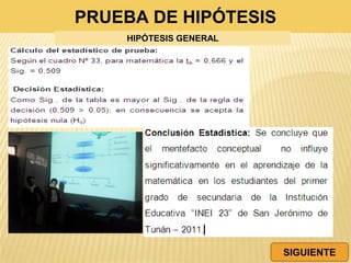 PRUEBA DE HIPÓTESIS
HIPÓTESIS GENERAL
SIGUIENTE
 