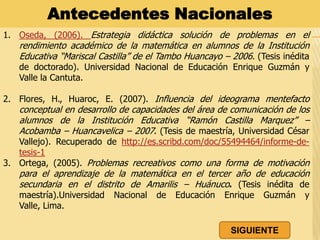 1. Oseda, (2006). Estrategia didáctica solución de problemas en el
rendimiento académico de la matemática en alumnos de la Institución
Educativa “Mariscal Castilla” de el Tambo Huancayo – 2006. (Tesis inédita
de doctorado). Universidad Nacional de Educación Enrique Guzmán y
Valle la Cantuta.
2. Flores, H., Huaroc, E. (2007). Influencia del ideograma mentefacto
conceptual en desarrollo de capacidades del área de comunicación de los
alumnos de la Institución Educativa “Ramón Castilla Marquez” –
Acobamba – Huancavelica – 2007. (Tesis de maestría, Universidad César
Vallejo). Recuperado de http://es.scribd.com/doc/55494464/informe-de-
tesis-1
3. Ortega, (2005). Problemas recreativos como una forma de motivación
para el aprendizaje de la matemática en el tercer año de educación
secundaria en el distrito de Amarilis – Huánuco. (Tesis inédita de
maestría).Universidad Nacional de Educación Enrique Guzmán y Valle,
Lima.
Antecedentes Nacionales
SIGUIENTE
 