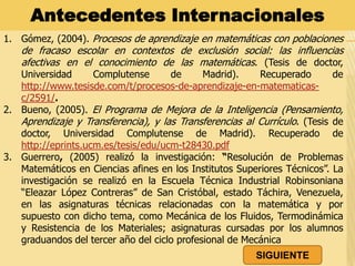 1. Gómez, (2004). Procesos de aprendizaje en matemáticas con poblaciones
de fracaso escolar en contextos de exclusión social: las influencias
afectivas en el conocimiento de las matemáticas. (Tesis de doctor,
Universidad Complutense de Madrid). Recuperado de
http://www.tesisde.com/t/procesos-de-aprendizaje-en-matematicas-
c/2591/.
2. Bueno, (2005). El Programa de Mejora de la Inteligencia (Pensamiento,
Aprendizaje y Transferencia), y las Transferencias al Currículo. (Tesis de
doctor, Universidad Complutense de Madrid). Recuperado de
http://eprints.ucm.es/tesis/edu/ucm-t28430.pdf
3. Guerrero, (2005) realizó la investigación: “Resolución de Problemas
Matemáticos en Ciencias afines en los Institutos Superiores Técnicos”. La
investigación se realizó en la Escuela Técnica Industrial Robinsoniana
“Eleazar López Contreras” de San Cristóbal, estado Táchira, Venezuela,
en las asignaturas técnicas relacionadas con la matemática y por
supuesto con dicho tema, como Mecánica de los Fluidos, Termodinámica
y Resistencia de los Materiales; asignaturas cursadas por los alumnos
graduandos del tercer año del ciclo profesional de Mecánica
Antecedentes Internacionales
SIGUIENTE
 