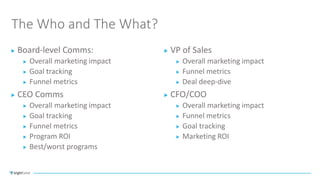The Who and The What?
Board-level Comms:
Overall marketing impact
Goal tracking
Funnel metrics
CEO Comms
Overall marketing...
