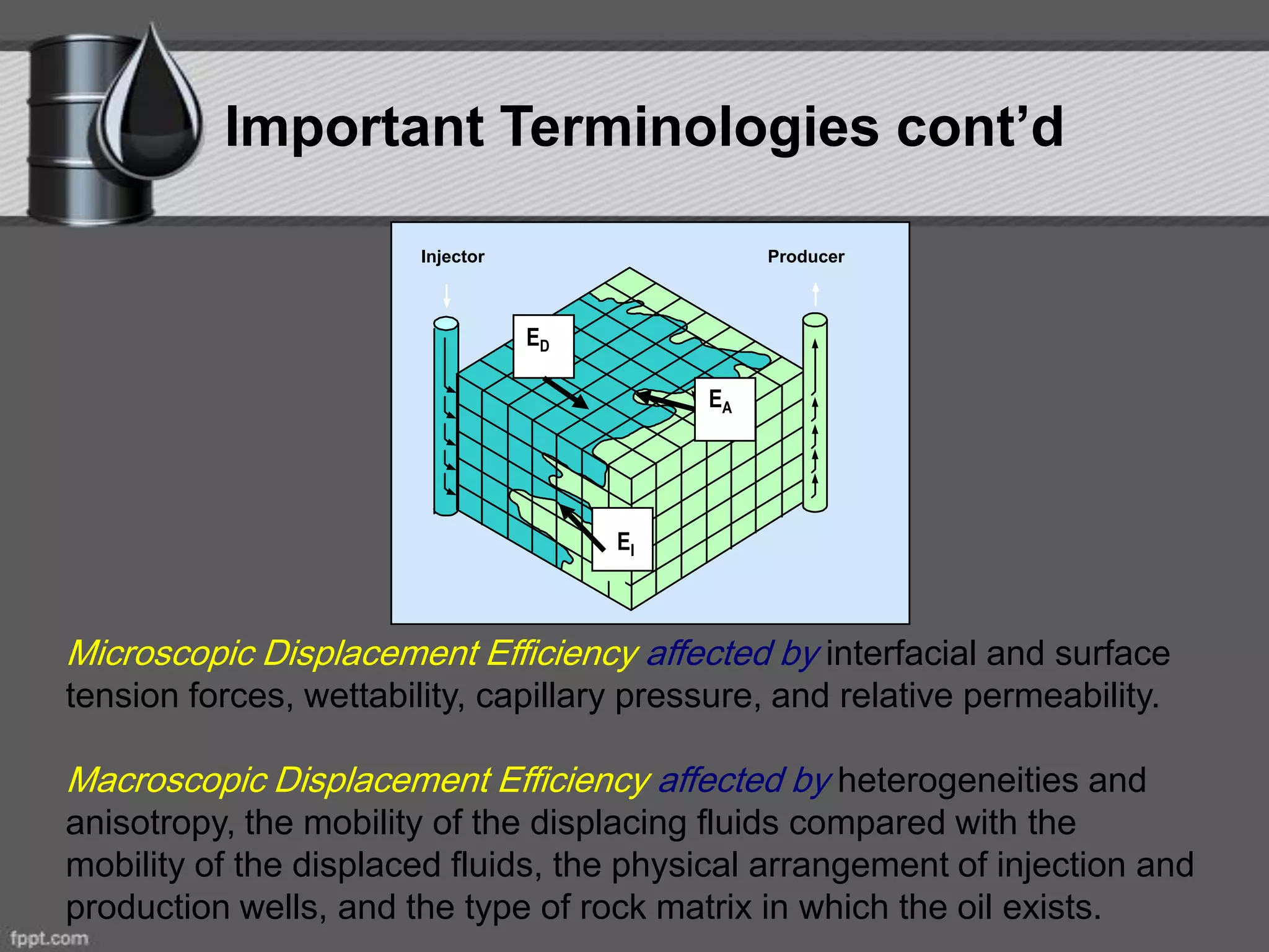 Microscopic Displacement Efficiency affected by interfacial and surface
tension forces, wettability, capillary pressure, and relative permeability.
Macroscopic Displacement Efficiency affected by heterogeneities and
anisotropy, the mobility of the displacing fluids compared with the
mobility of the displaced fluids, the physical arrangement of injection and
production wells, and the type of rock matrix in which the oil exists.
Injector Producer
ED
EA
EI
Important Terminologies cont’d
 