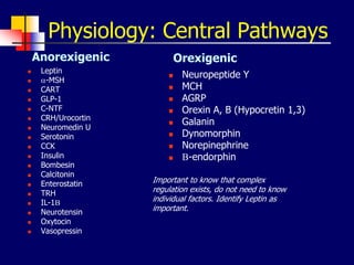 Physiology: Central Pathways
 Leptin
 a-MSH
 CART
 GLP-1
 C-NTF
 CRH/Urocortin
 Neuromedin U
 Serotonin
 CCK
 Insulin
 Bombesin
 Calcitonin
 Enterostatin
 TRH
 IL-1B
 Neurotensin
 Oxytocin
 Vasopressin
 Neuropeptide Y
 MCH
 AGRP
 Orexin A, B (Hypocretin 1,3)
 Galanin
 Dynomorphin
 Norepinephrine
 B-endorphin
Anorexigenic Orexigenic
Important to know that complex
regulation exists, do not need to know
individual factors. Identify Leptin as
important.
 