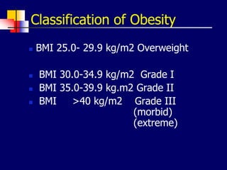 Classification of Obesity
 BMI 25.0- 29.9 kg/m2 Overweight
 BMI 30.0-34.9 kg/m2 Grade I
 BMI 35.0-39.9 kg.m2 Grade II
 BMI >40 kg/m2 Grade III
(morbid)
(extreme)
 