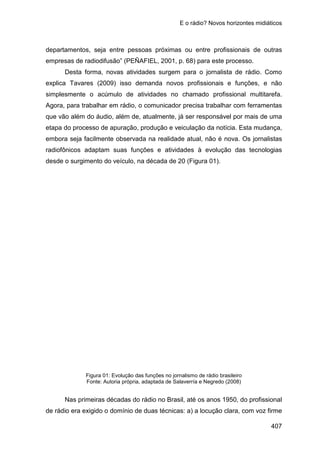 E o rádio? Novos horizontes midiáticos
407
departamentos, seja entre pessoas próximas ou entre profissionais de outras
empresas de radiodifusão” (PEÑAFIEL, 2001, p. 68) para este processo.
Desta forma, novas atividades surgem para o jornalista de rádio. Como
explica Tavares (2009) isso demanda novos profissionais e funções, e não
simplesmente o acúmulo de atividades no chamado profissional multitarefa.
Agora, para trabalhar em rádio, o comunicador precisa trabalhar com ferramentas
que vão além do áudio, além de, atualmente, já ser responsável por mais de uma
etapa do processo de apuração, produção e veiculação da notícia. Esta mudança,
embora seja facilmente observada na realidade atual, não é nova. Os jornalistas
radiofônicos adaptam suas funções e atividades à evolução das tecnologias
desde o surgimento do veículo, na década de 20 (Figura 01).
Figura 01: Evolução das funções no jornalismo de rádio brasileiro
Fonte: Autoria própria, adaptada de Salaverría e Negredo (2008)
Nas primeiras décadas do rádio no Brasil, até os anos 1950, do profissional
de rádio era exigido o domínio de duas técnicas: a) a locução clara, com voz firme
 