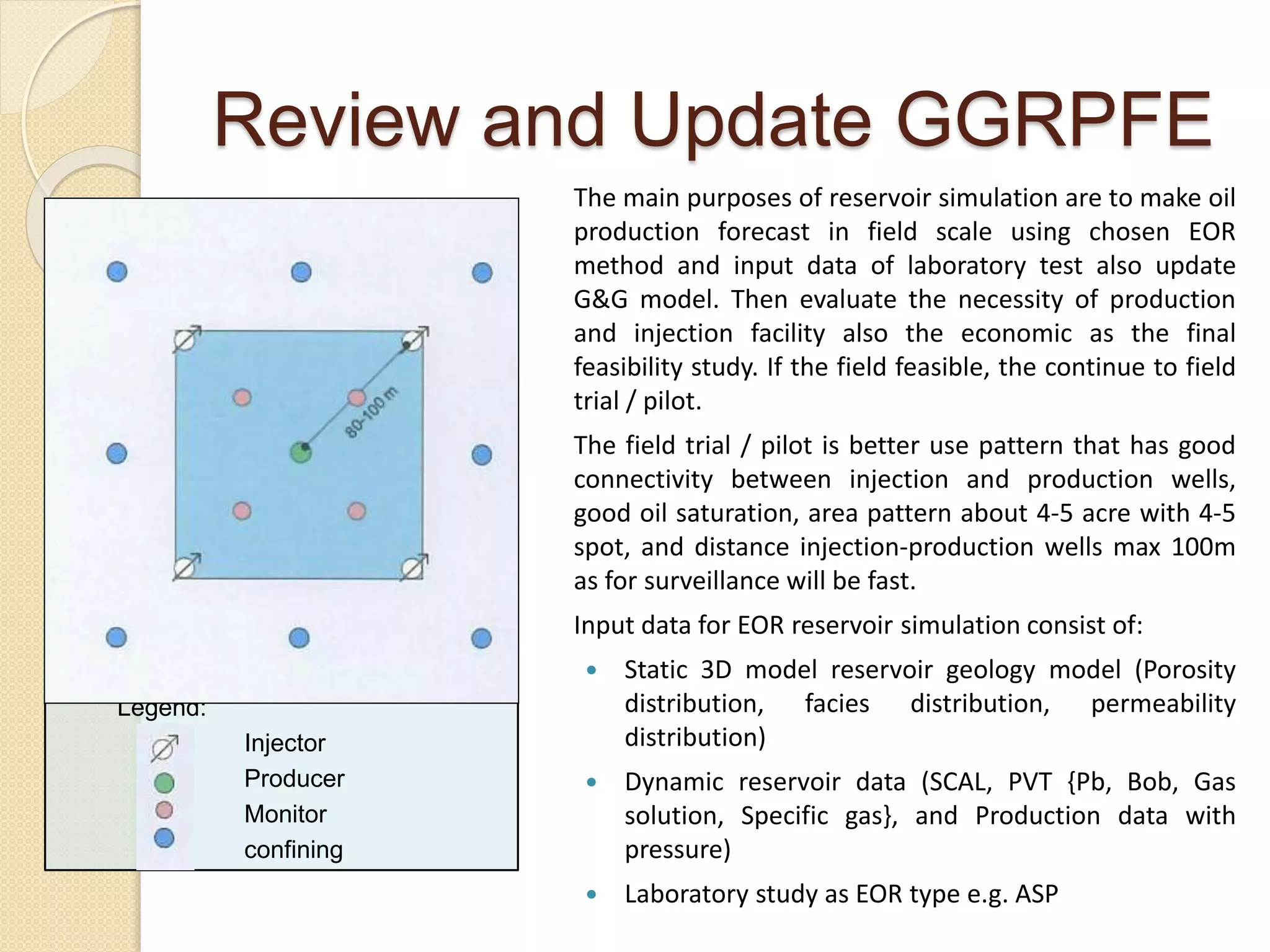 Review and Update GGRPFE
The main purposes of reservoir simulation are to make oil
production forecast in field scale using chosen EOR
method and input data of laboratory test also update
G&G model. Then evaluate the necessity of production
and injection facility also the economic as the final
feasibility study. If the field feasible, the continue to field
trial / pilot.
The field trial / pilot is better use pattern that has good
connectivity between injection and production wells,
good oil saturation, area pattern about 4-5 acre with 4-5
spot, and distance injection-production wells max 100m
as for surveillance will be fast.
Input data for EOR reservoir simulation consist of:
 Static 3D model reservoir geology model (Porosity
distribution, facies distribution, permeability
distribution)
 Dynamic reservoir data (SCAL, PVT {Pb, Bob, Gas
solution, Specific gas}, and Production data with
pressure)
 Laboratory study as EOR type e.g. ASP
Legend:
Injector
Producer
Monitor
confining
 